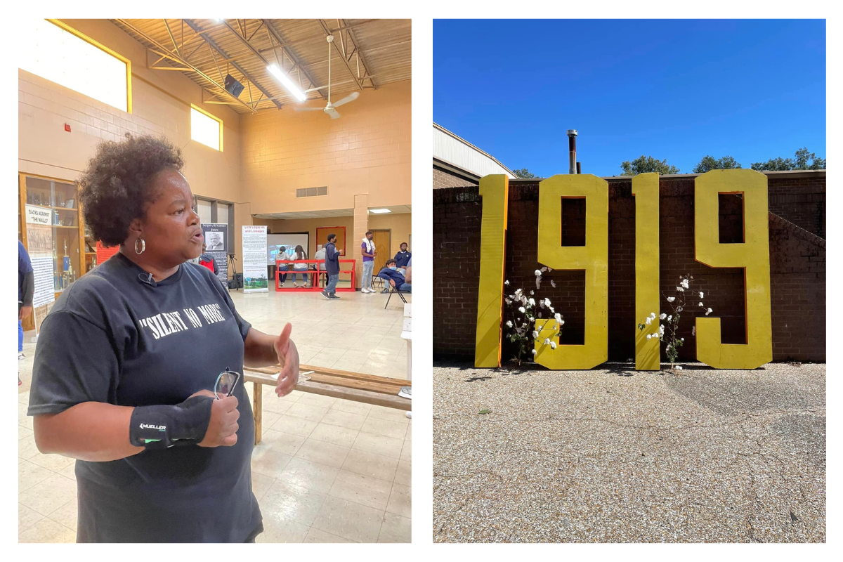 On the left, a woman wearing a black t-shirt talks, on the right large numbers representing 1919, the year of the Elaine Massacre