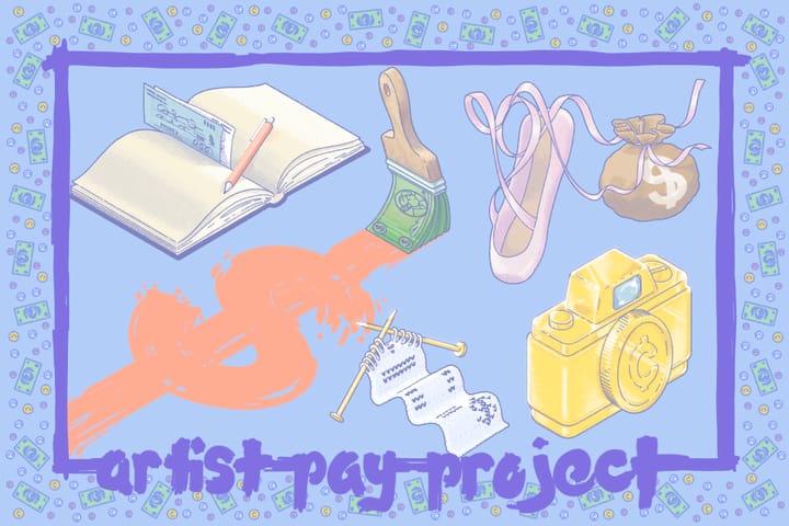 Colorful image with blue background and different images including yellow camera, pink ballet slipper and brown money ba